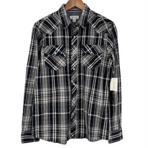 SUN STONE NWT Men's Long Sleeve Woven Snap Button Shirt Plaid Dark Lead Medium